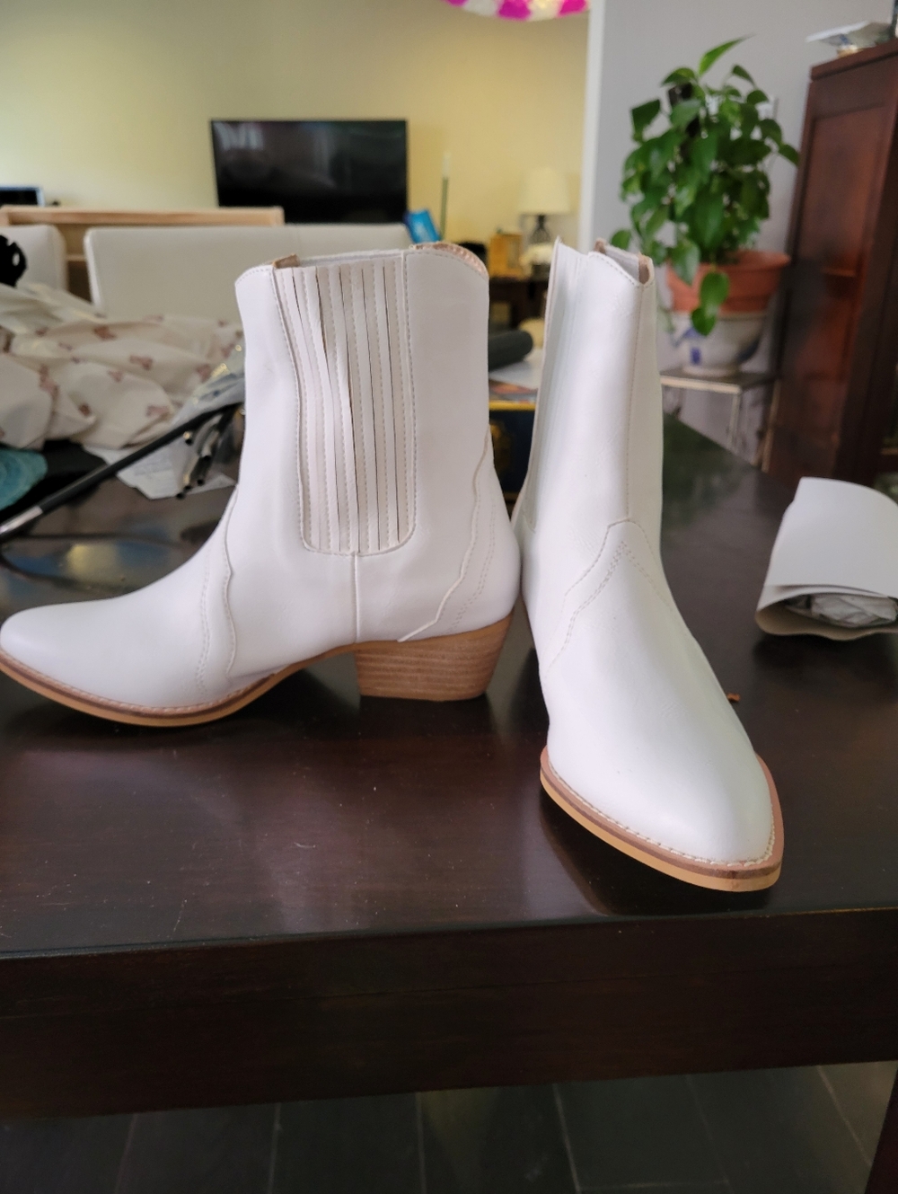 White Leather Western Ankle Boots